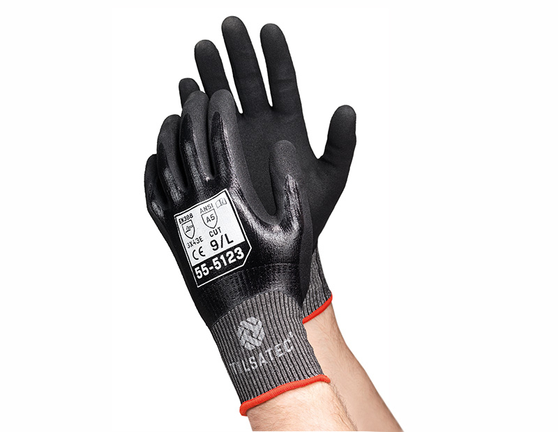 55-5123 Lightweight cut level E fully coated nitrile glove with micropore foam nitrile palm